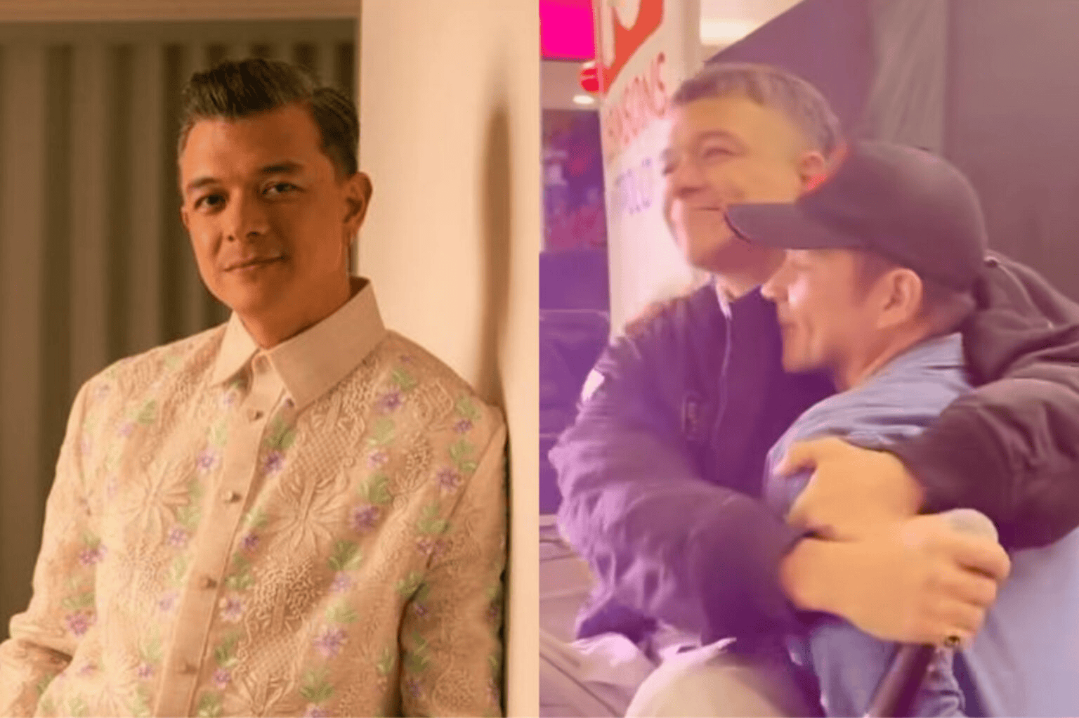Jericho Rosales in barong tagalog (left) and embracing his brother Jeremiah (right)
